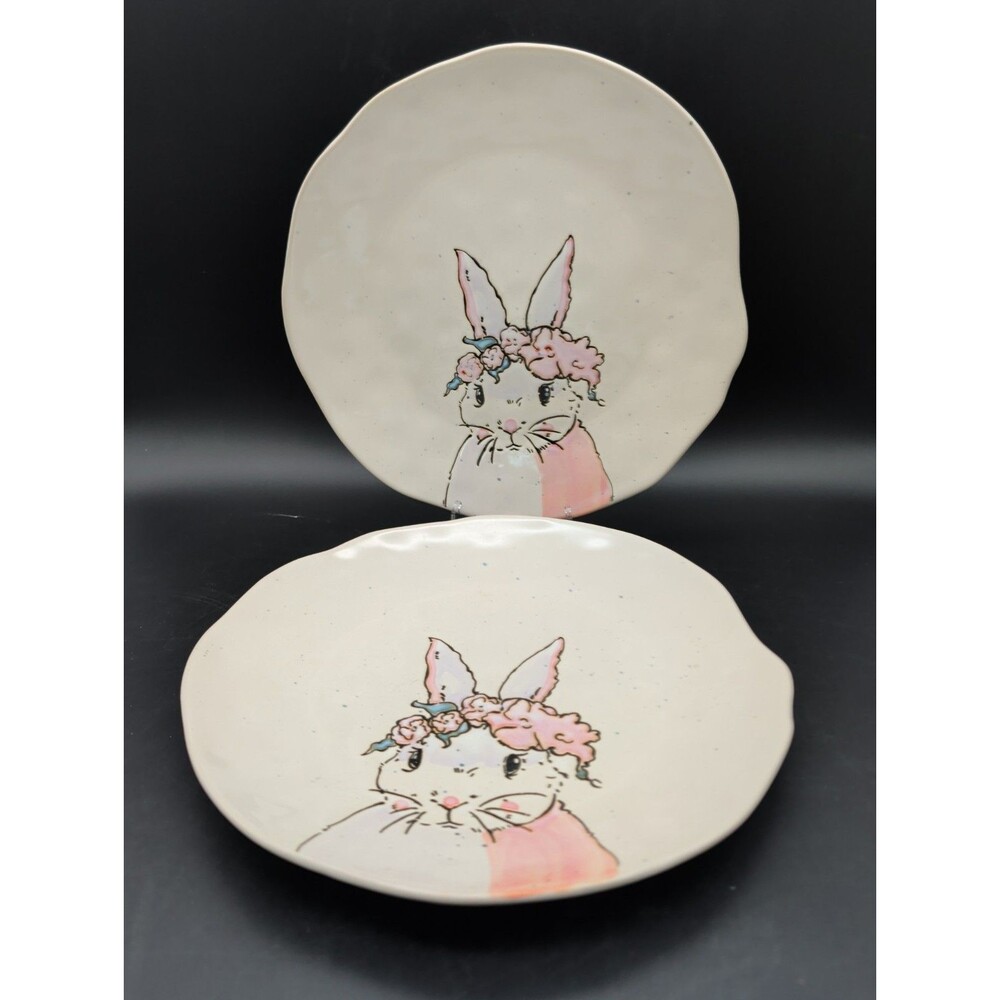 2 Eli & Anna Vanessa Bunny Plates Easter Rabbit Pink Speckled Watercolor